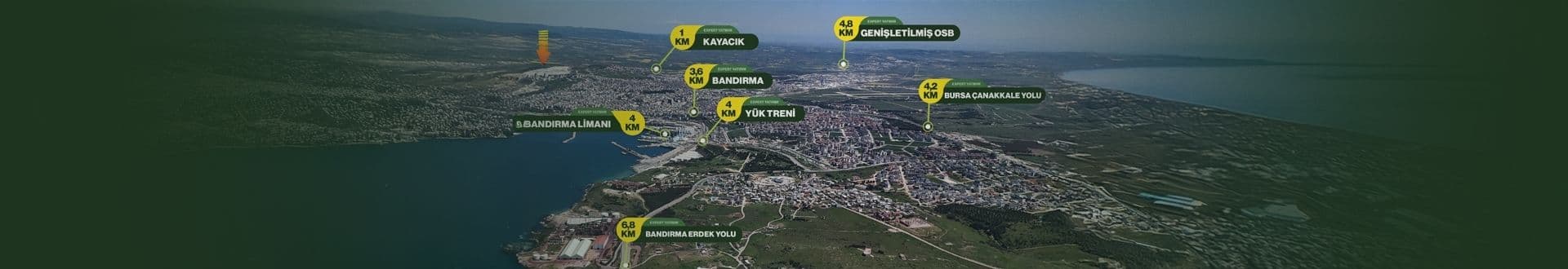 Bandırma / Kayacık bölge haritası — Kayacık 1 km, Bandırma 3,6 km, Bandırma Limanı 4 km, Genişletilmiş OSB 4,8 km